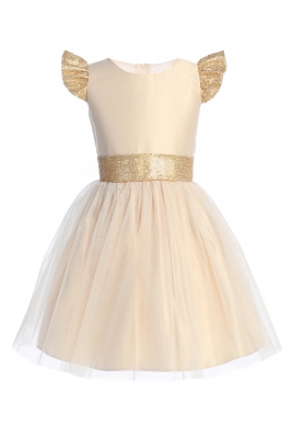 Champagne Sequin Flutter Sleeve Dress with Satin Bodice